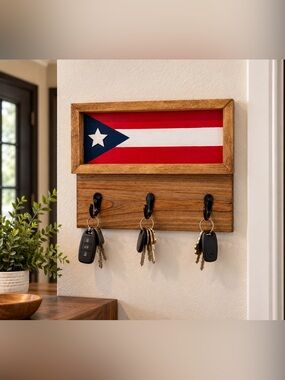 Handmade Puerto Rican Flag Key Holder – Rustic Wood Wall Decor – 3 Hooks
